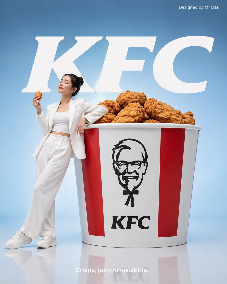 Minimalist KFC Commercial Advertisement のQwen Imageプロンプト例: A high-end fashion and product photography style prompt for a minimalist KFC advertisement with a clean, modern...