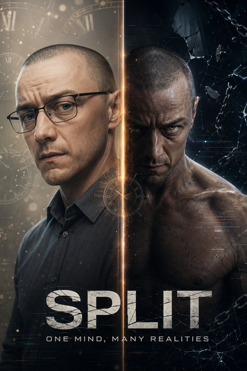 Dual-Personality Cinematic Poster Qwen Image 프롬프트 예시: A vertical split-screen poster prompt exploring two contrasting personalities of a single character with cinematic lighting...