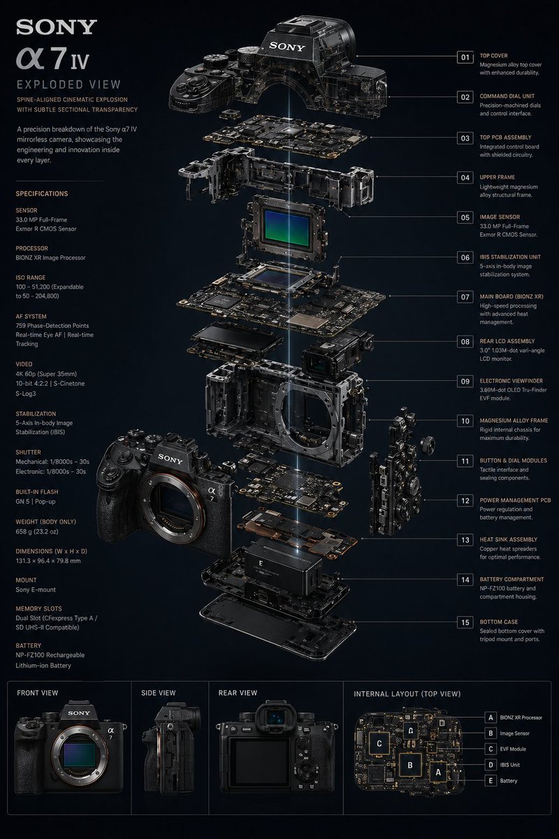 Technology Exploded View のQwen Imageプロンプト例: A precise technical and cinematic exploded view prompt for a high-end television display.