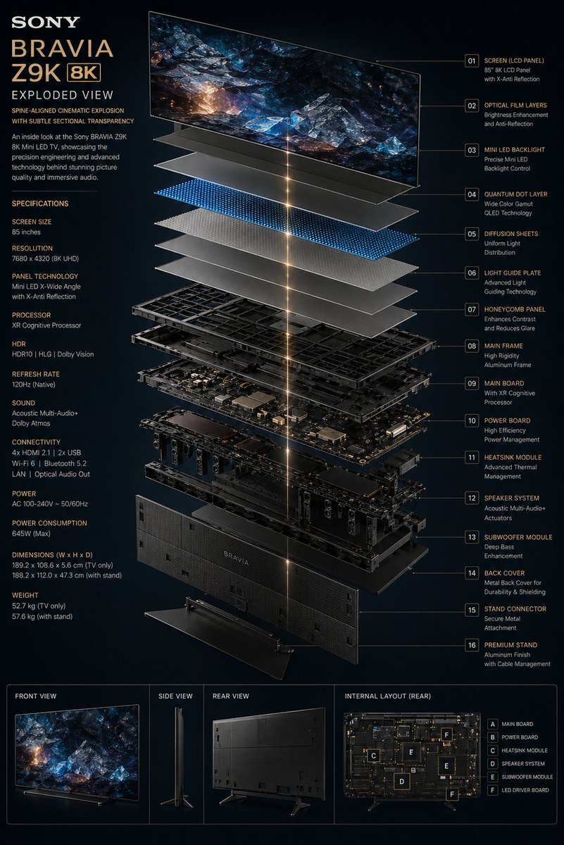 Technology Exploded View のQwen Imageプロンプト例 バリエーション 2: A precise technical and cinematic exploded view prompt for a high-end television display.