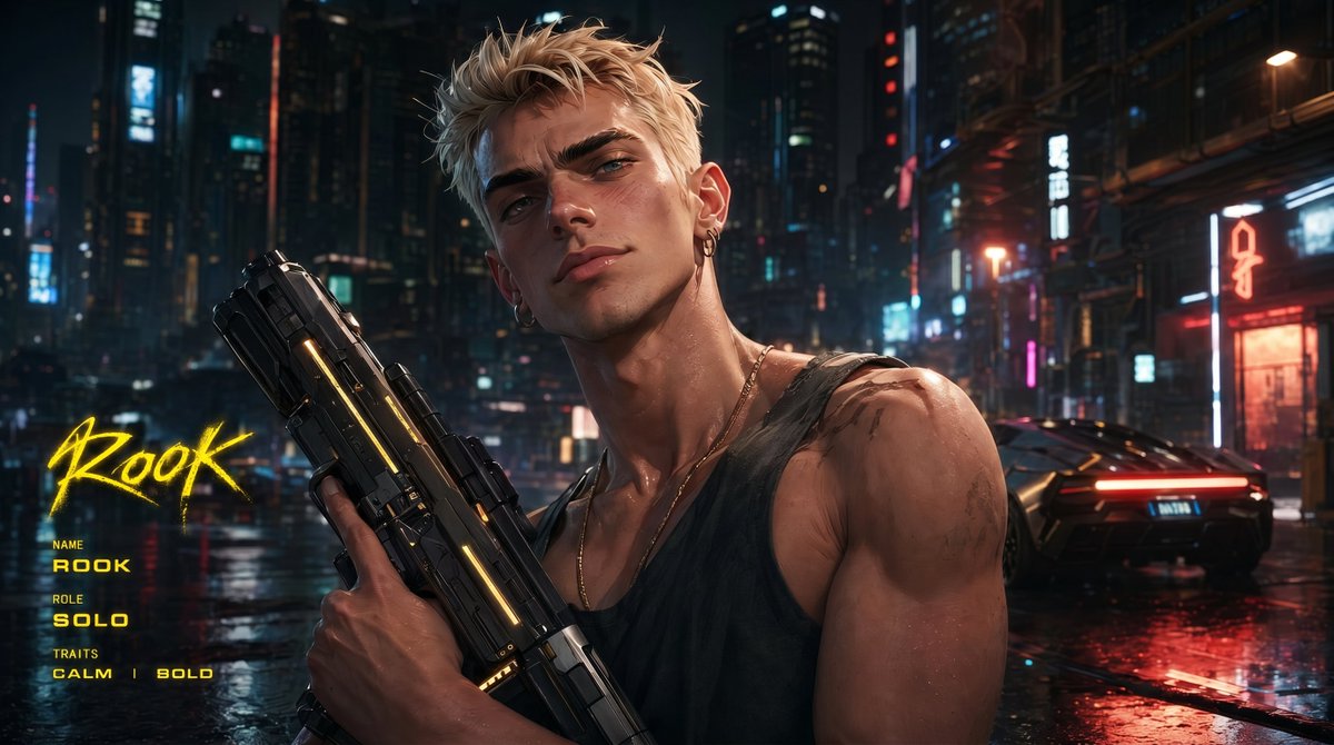 Cyberpunk Character Redesign のQwen Imageプロンプト例: A character transformation prompt that takes a reference photo and redesigns it into a cyberpunk game character with a UI layout.
