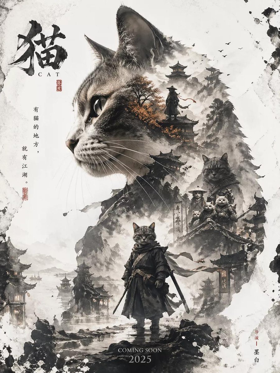 Oriental Aesthetic Poster Design GPT Image 2 prompt example variation 2: A serialized poster design prompt using Oriental aesthetics, double exposure, and ink stains for a...