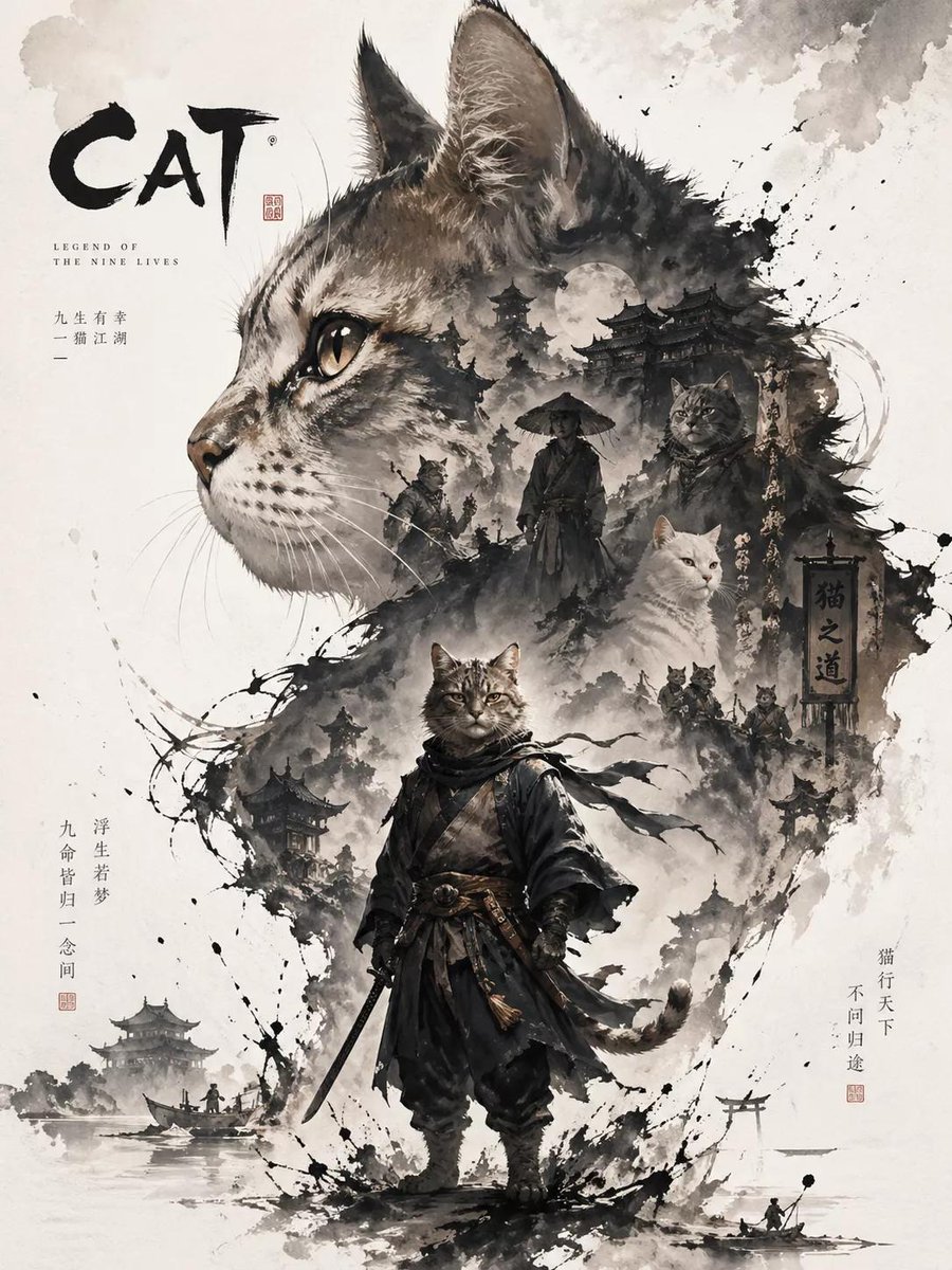 Oriental Aesthetic Poster Design GPT Image 2 prompt example: A serialized poster design prompt using Oriental aesthetics, double exposure, and ink stains for a character...