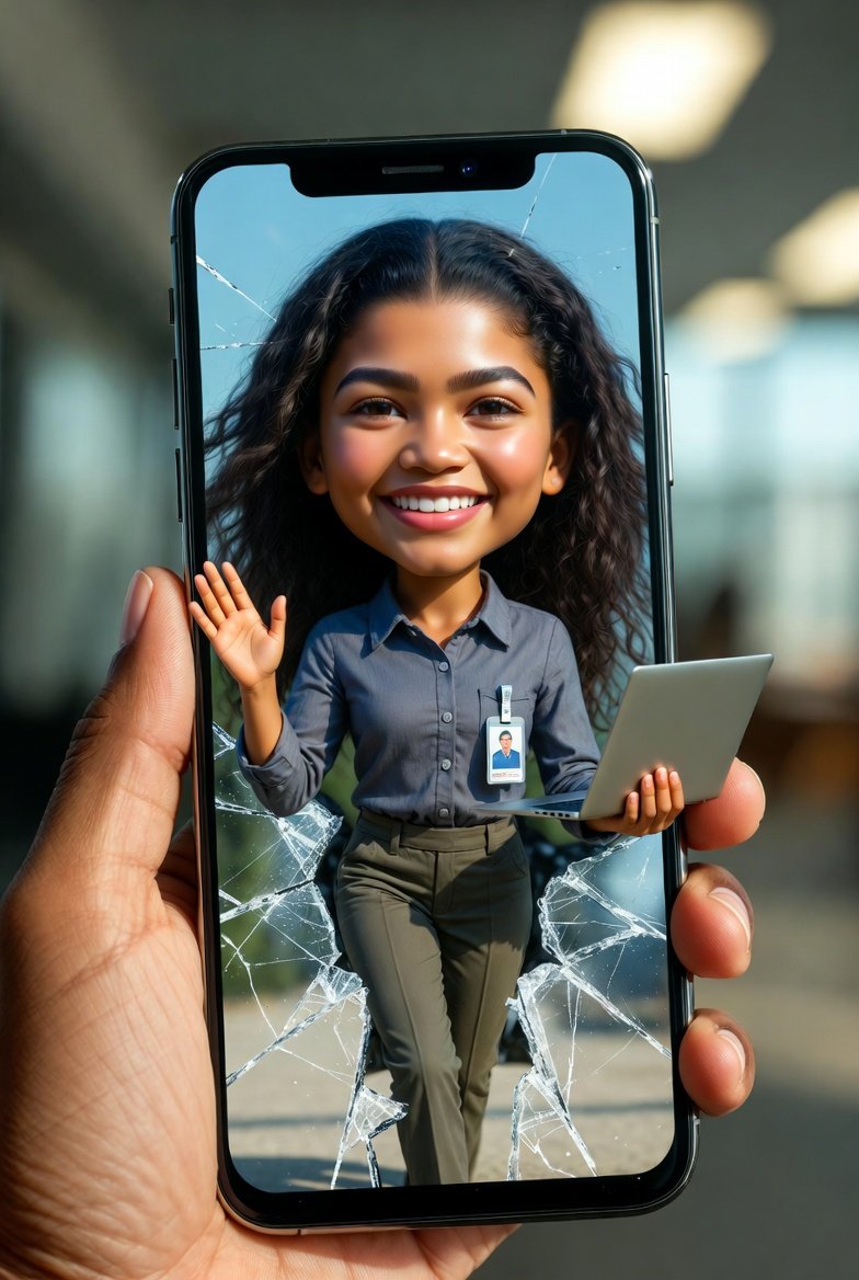 Hyper-Realistic 3D Celebrity Meme Caricature のQwen Imageプロンプト例 バリエーション 2: A creative prompt for generating fun, exaggerated 3D caricatures of celebrities bursting out of...