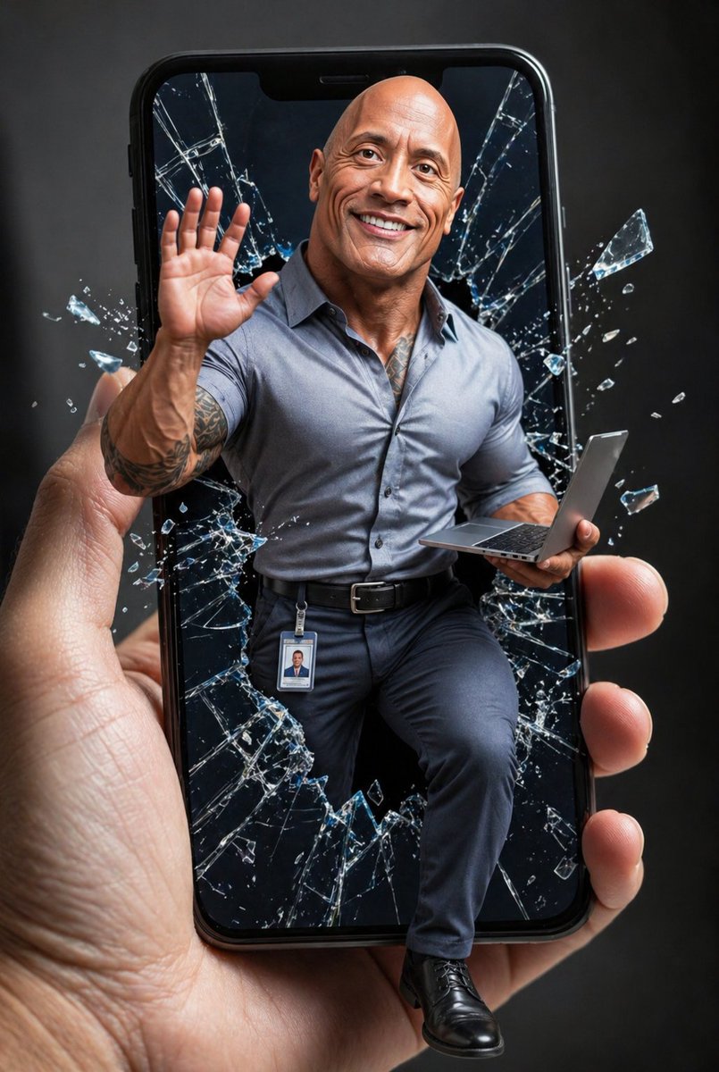 Hyper-Realistic 3D Celebrity Meme Caricature のQwen Imageプロンプト例: A creative prompt for generating fun, exaggerated 3D caricatures of celebrities bursting out of smartphone screens...