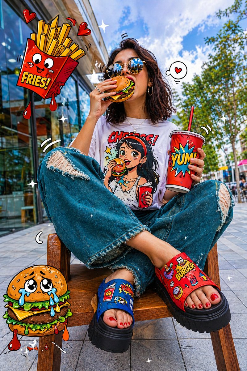 Pop-Art Urban Photography Fusion のQwen Imageプロンプト例: A unique prompt that blends realistic urban photography with 2D cartoon and comic-style overlays for a playful streetwear...