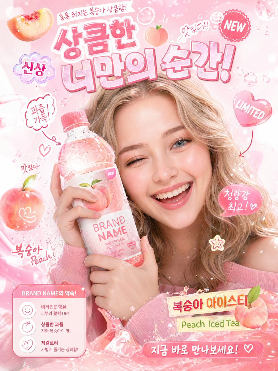 Korean-Style Interactive Beverage Poster 的 GPT Image 2 提示词示例图：A colorful and energetic prompt for a K-pop inspired beverage ad, featuring playful stickers and dynamic product...
