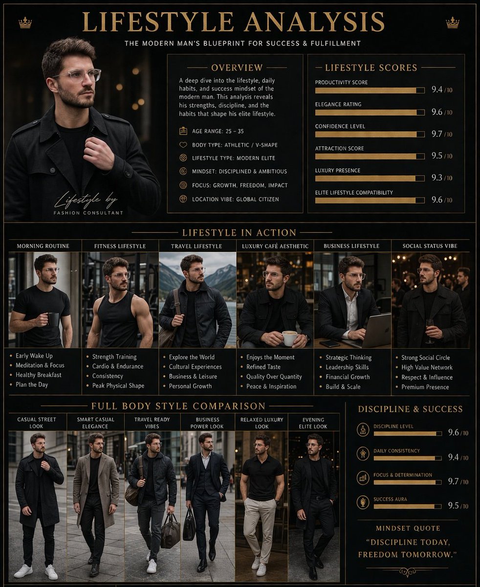 Luxury Lifestyle Analysis Poster GPT Image 2 prompt example: A magazine-style infographic prompt that analyzes a subject across various high-end lifestyle settings while...