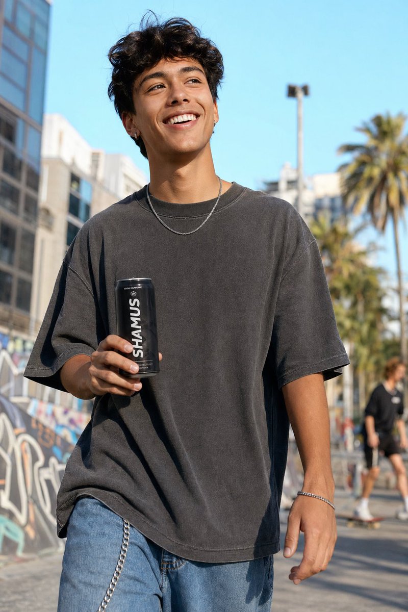 Urban Streetwear Lifestyle Commercial のQwen Imageプロンプト例: A high-end commercial photography prompt capturing a young person with an energy drink in a modern urban skatepark setting.
