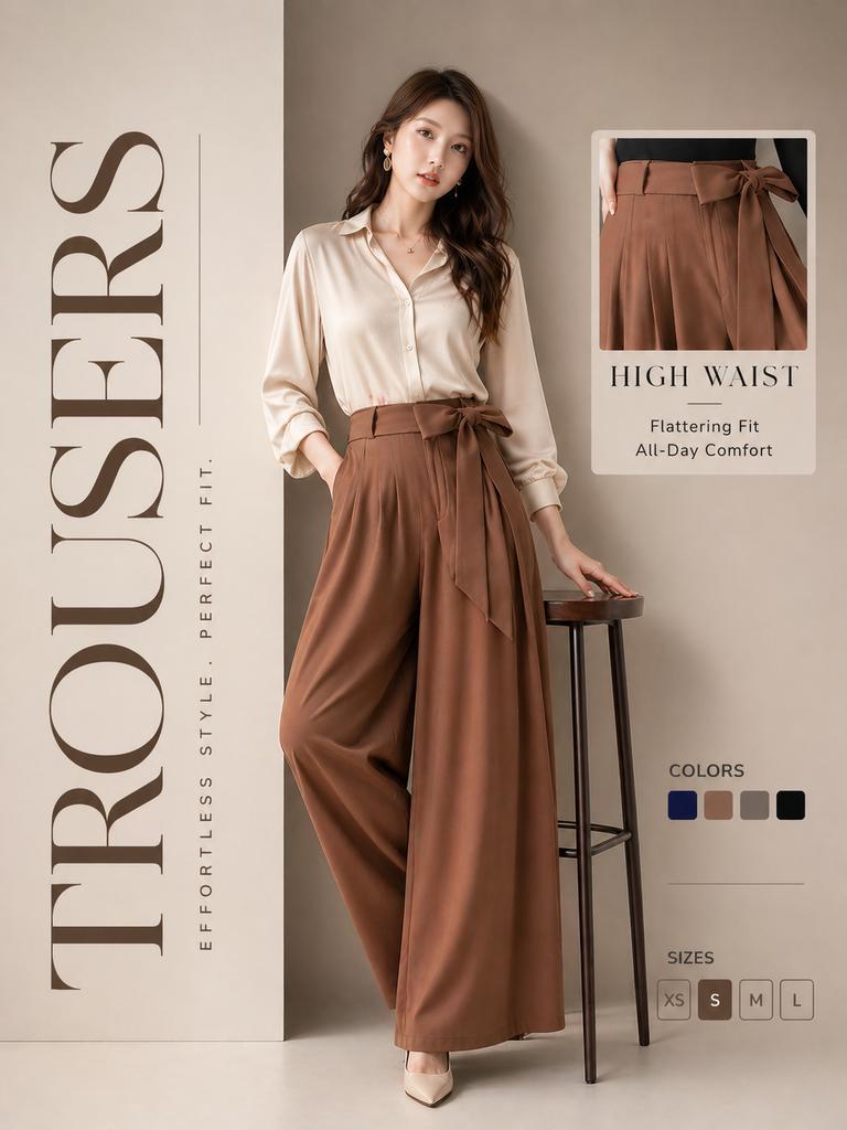 High-End Trousers Advertising Poster GPT Image 2 prompt example: A sophisticated fashion advertisement prompt focusing on high-waist trousers with a clean, modern layout and...