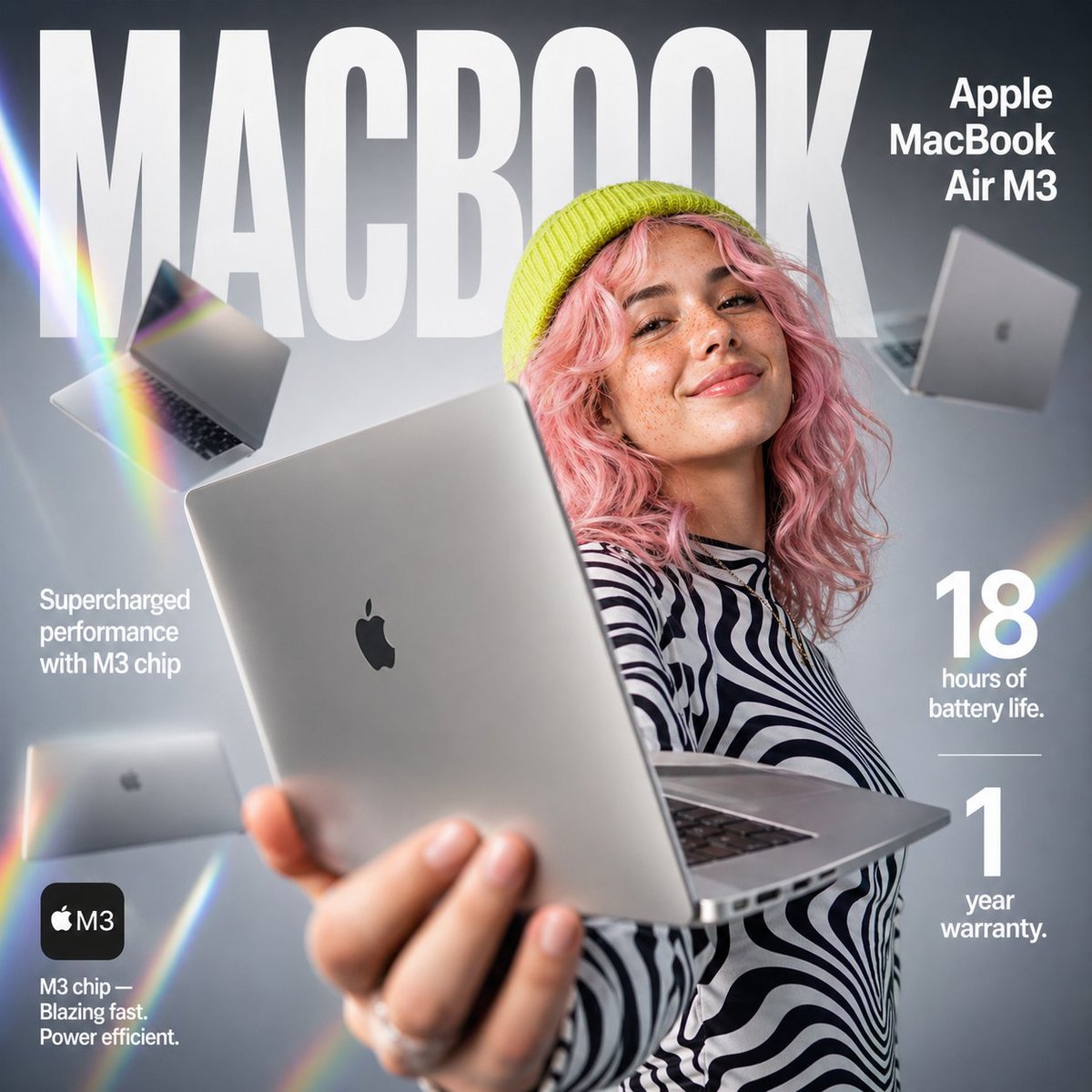 E-commerce Tech Infographic のQwen Imageプロンプト例: A professional advertising prompt for a laptop infographic, featuring a model, product close-ups, and clean marketing typography.