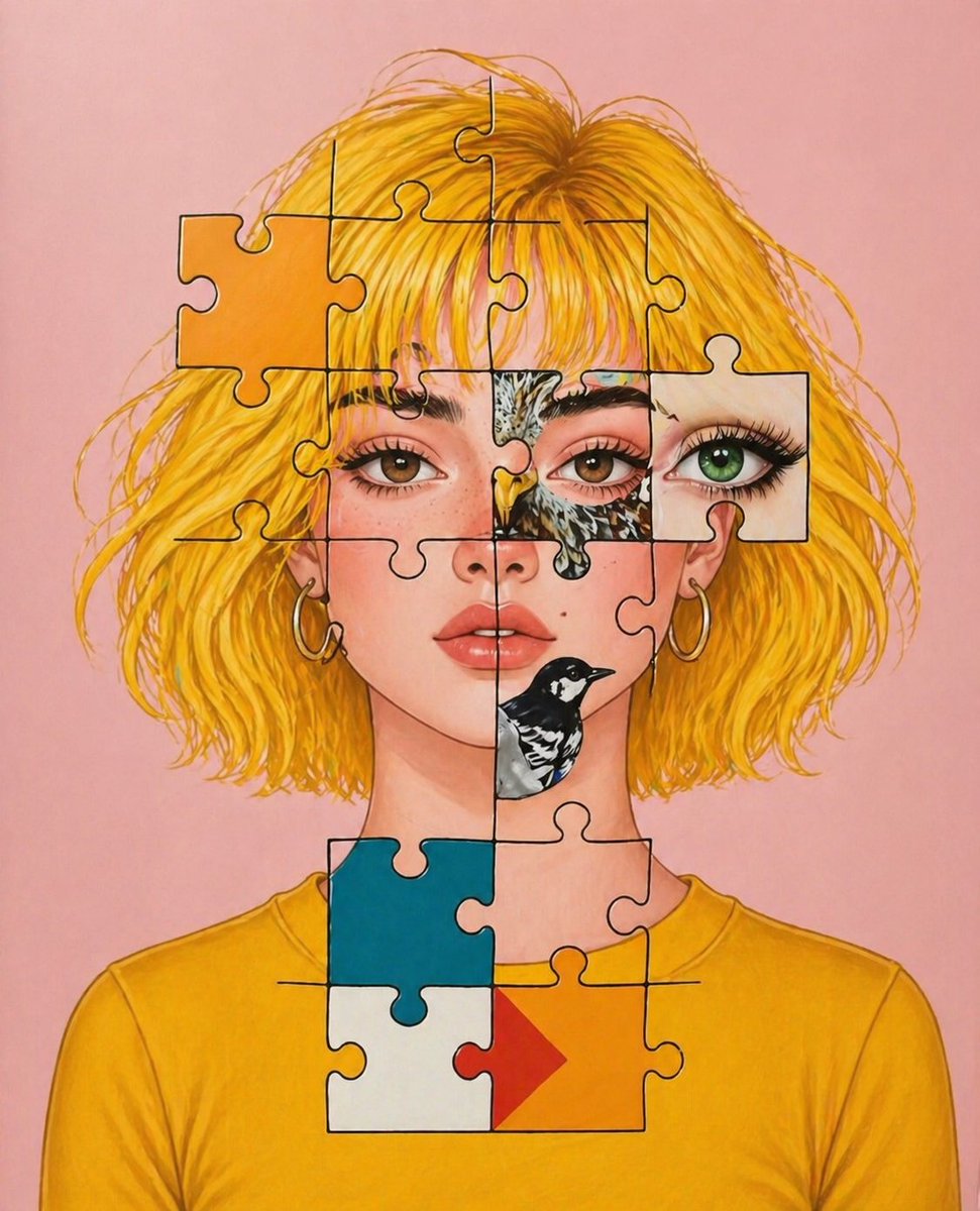 Surreal Jigsaw Portrait Illustration Qwen Image 프롬프트 예시: A creative digital illustration of a woman's portrait designed as a jigsaw puzzle, incorporating abstract textures and...