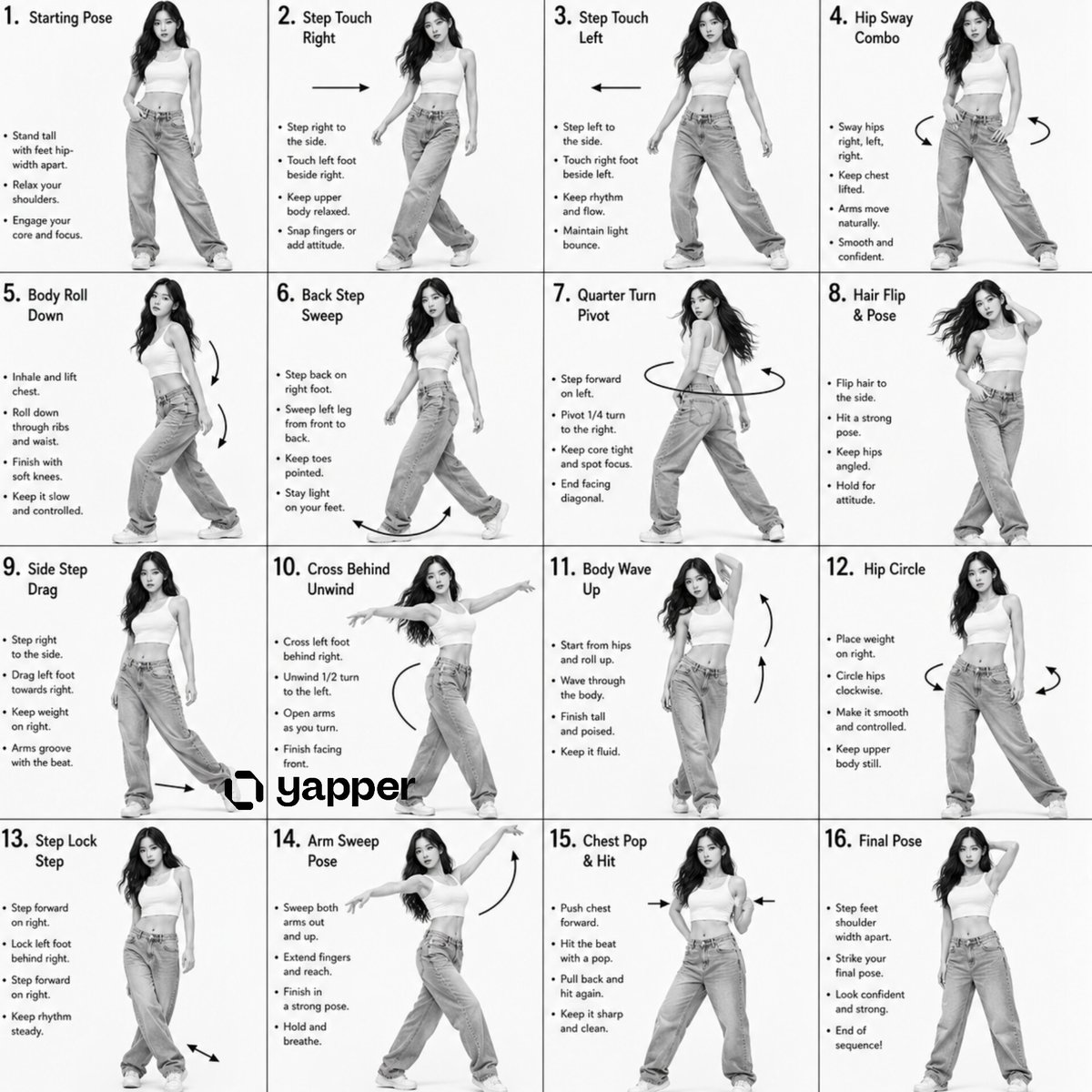 K-Pop Choreography Instruction Sheet 的 GPT Image 2 提示词示例图：Generates a 16-panel instructional grid for K-pop dance, including arrows, labels, and consistent character poses.