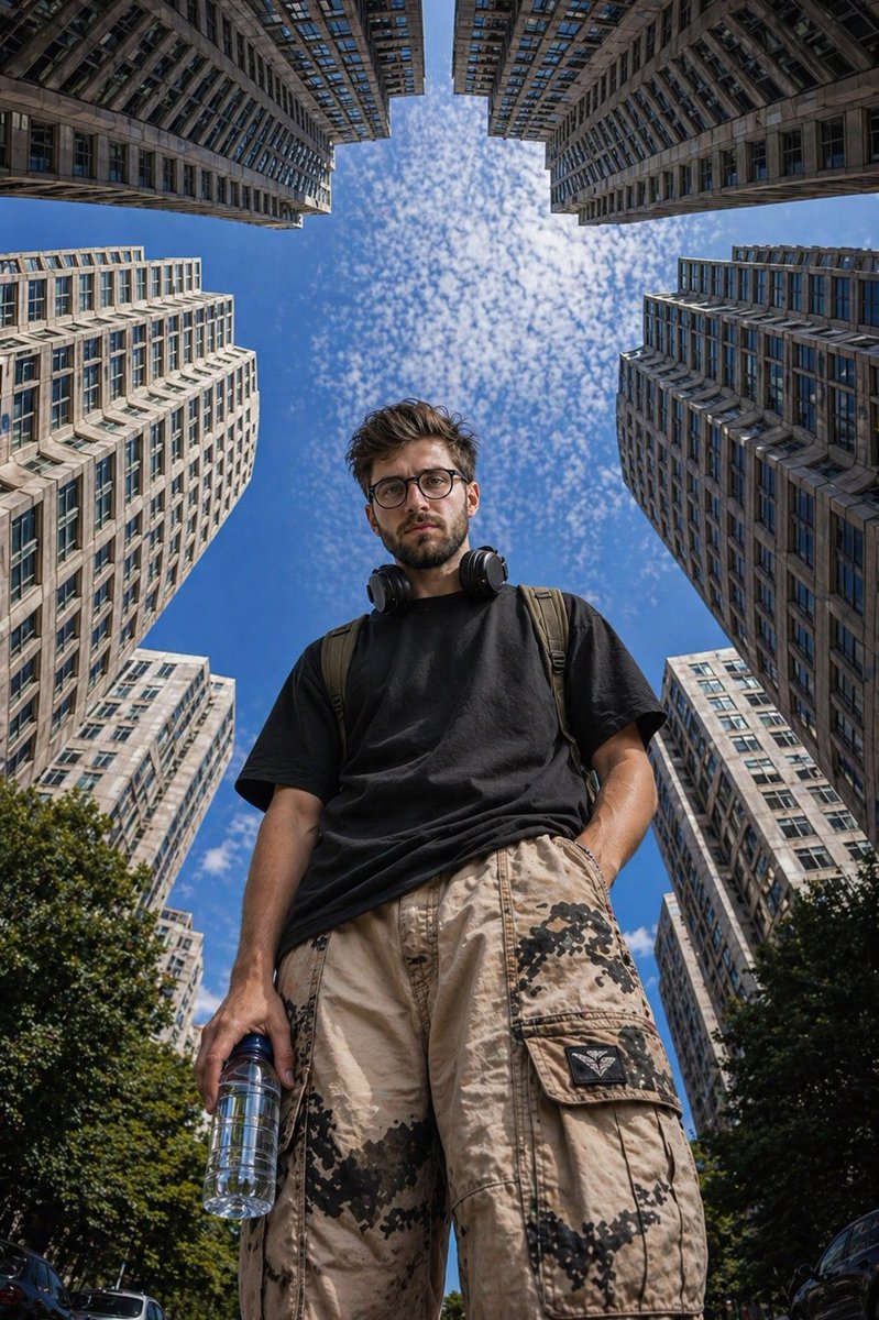 Low-Angle Urban Street Photography のQwen Imageプロンプト例: A worm's-eye view street photography prompt featuring a stylish man in a modern city setting with geometric high-rise framing.