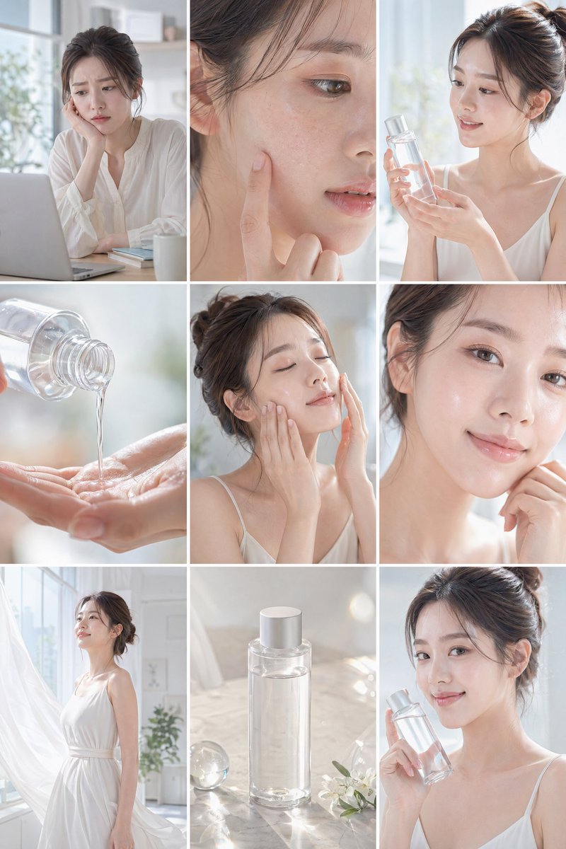 Skincare Commercial Storyboard GPT Image 2 prompt example: Generates a 9-panel storyboard for a skincare commercial, focusing on product use, transformation, and airy visual flow.