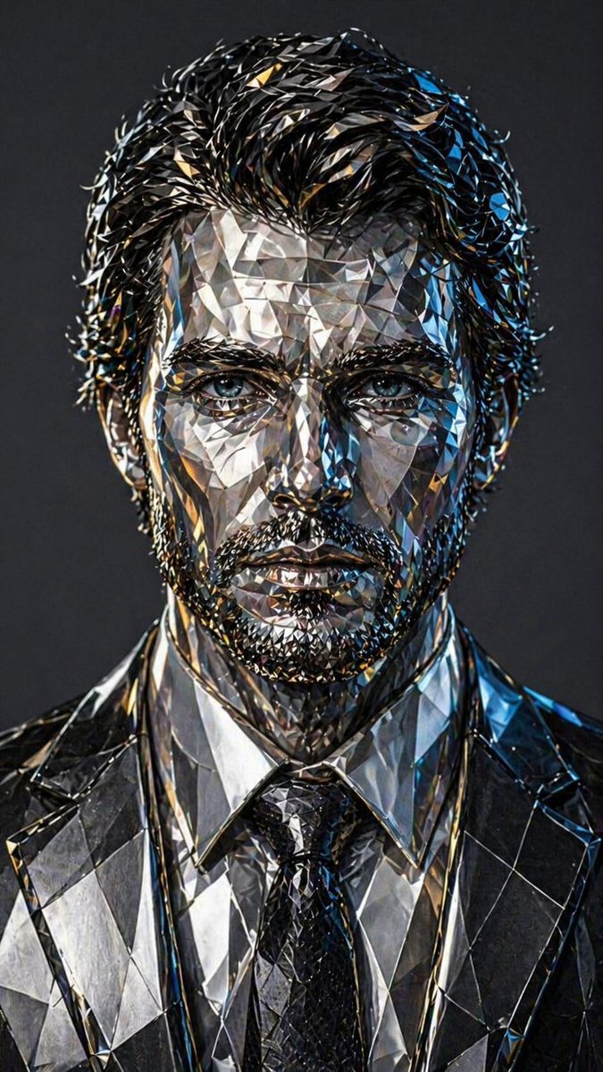 Futuristic Low-Poly Metallic Portrait GPT Image 2 prompt example variation 3: A highly detailed prompt for a geometric, low-poly portrait of a man with reflective chrome and...