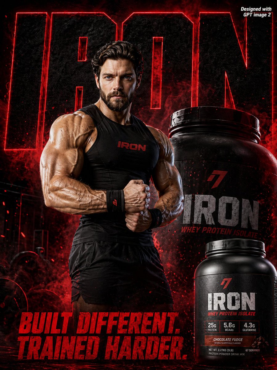 Supplement Brand Ad Campaign GPT Image 2 prompt example: An intense fitness supplement advertisement prompt using a reference image for the model's appearance, focusing on...