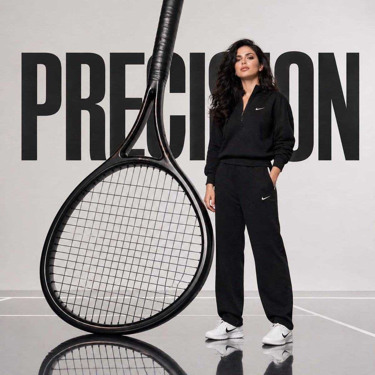 Avant-Garde Athletic Fashion Campaign Qwen Image prompt example: A high-fashion luxury sportswear campaign prompt featuring a monumental tennis racket sculpture and a dominant...