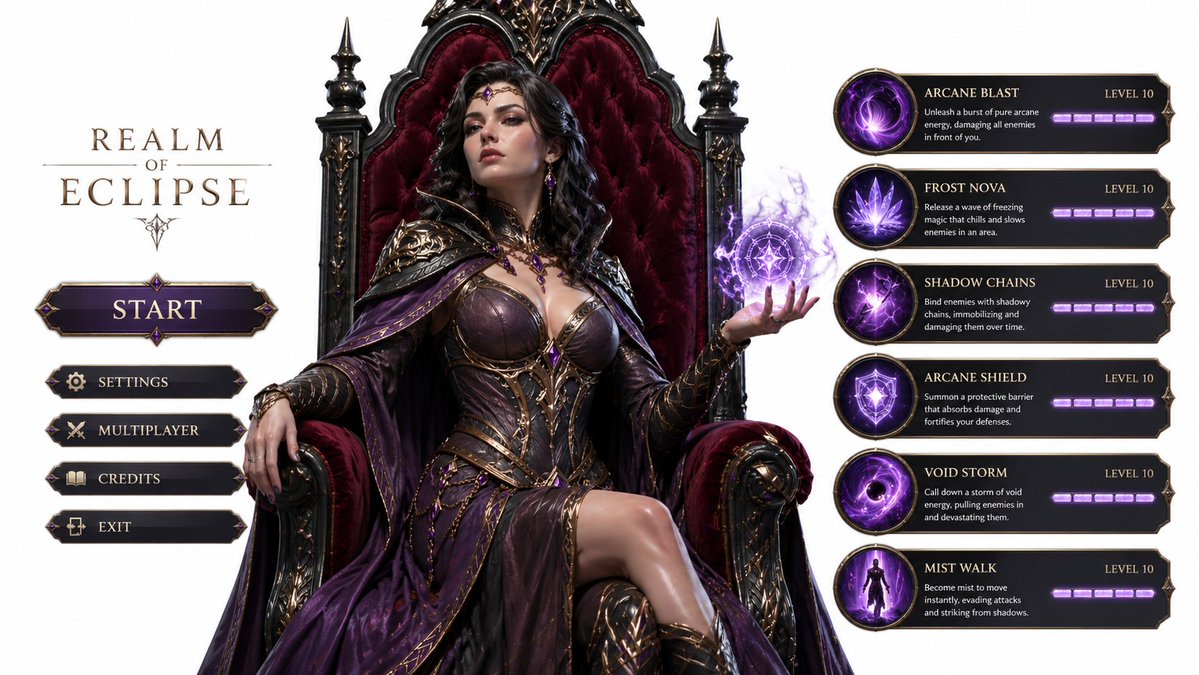 3D Gaming Sorceress Character のQwen Imageプロンプト例: A prompt for generating a detailed 3D gaming character of a sorceress, including specialized UI elements for her powers.