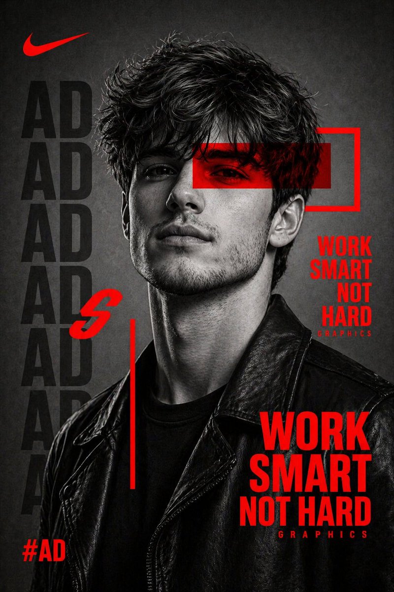 Streetwear Campaign Poster Qwen Image prompt example: A high-contrast editorial poster prompt combining black and white photography with bold red typography and branding elements.