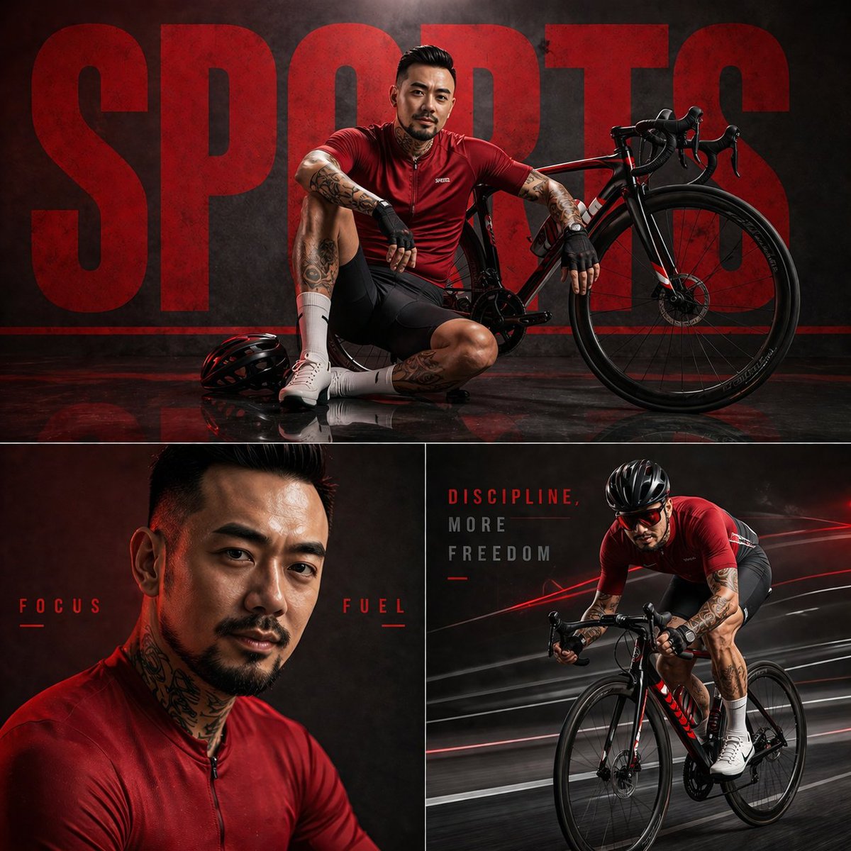 Fashion Sports Editorial Triptych Qwen Image prompt example variation 2: A complex collage prompt for a high-fashion sports campaign, using monochromatic colors and dramatic...