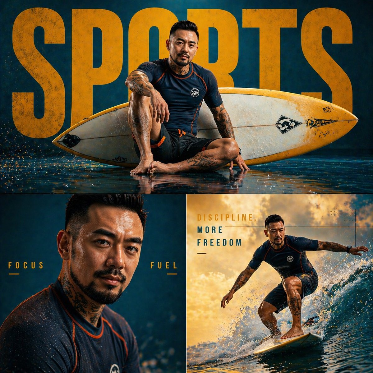 Fashion Sports Editorial Triptych Qwen Image prompt example: A complex collage prompt for a high-fashion sports campaign, using monochromatic colors and dramatic layout based on...