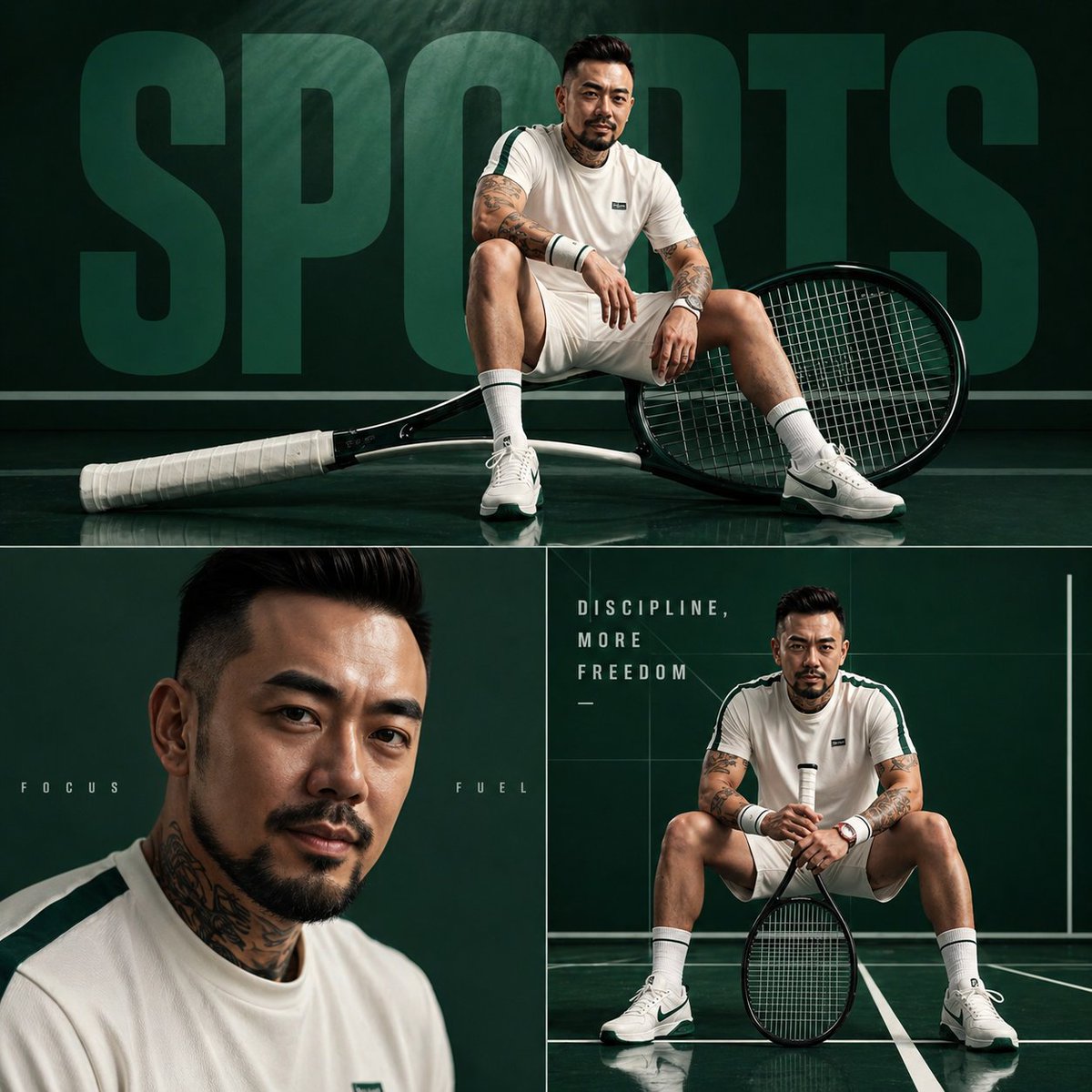 Fashion Sports Editorial Triptych Qwen Image prompt example variation 4: A complex collage prompt for a high-fashion sports campaign, using monochromatic colors and dramatic...