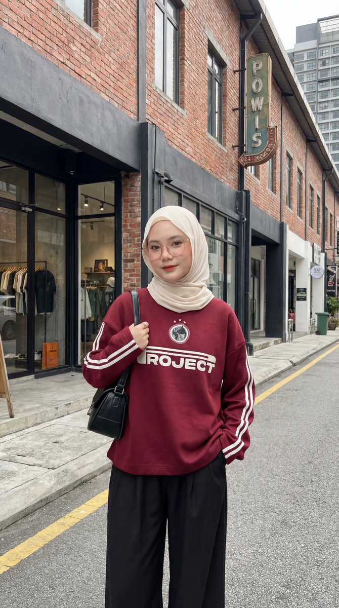 Urban Fashion Hijab Portrait GPT Image 2 prompt example: A stylish urban scene prompt featuring a woman in a hijab, focusing on contemporary fashion and minimal city aesthetics.