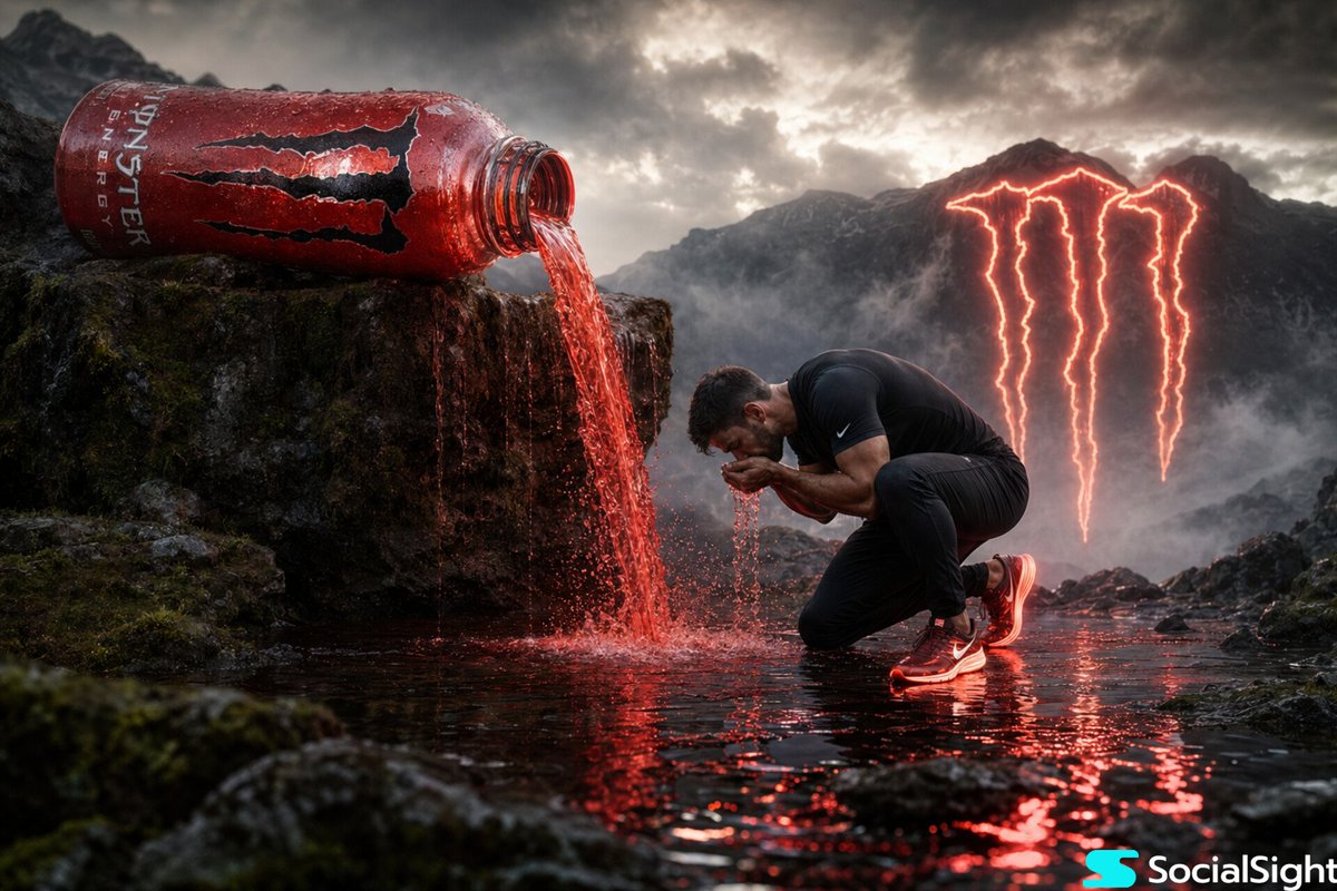 Cinematic Energy Drink Ad のQwen Imageプロンプト例: A surreal and cinematic prompt for a high-detail energy drink advertisement set in a misty mountain landscape.