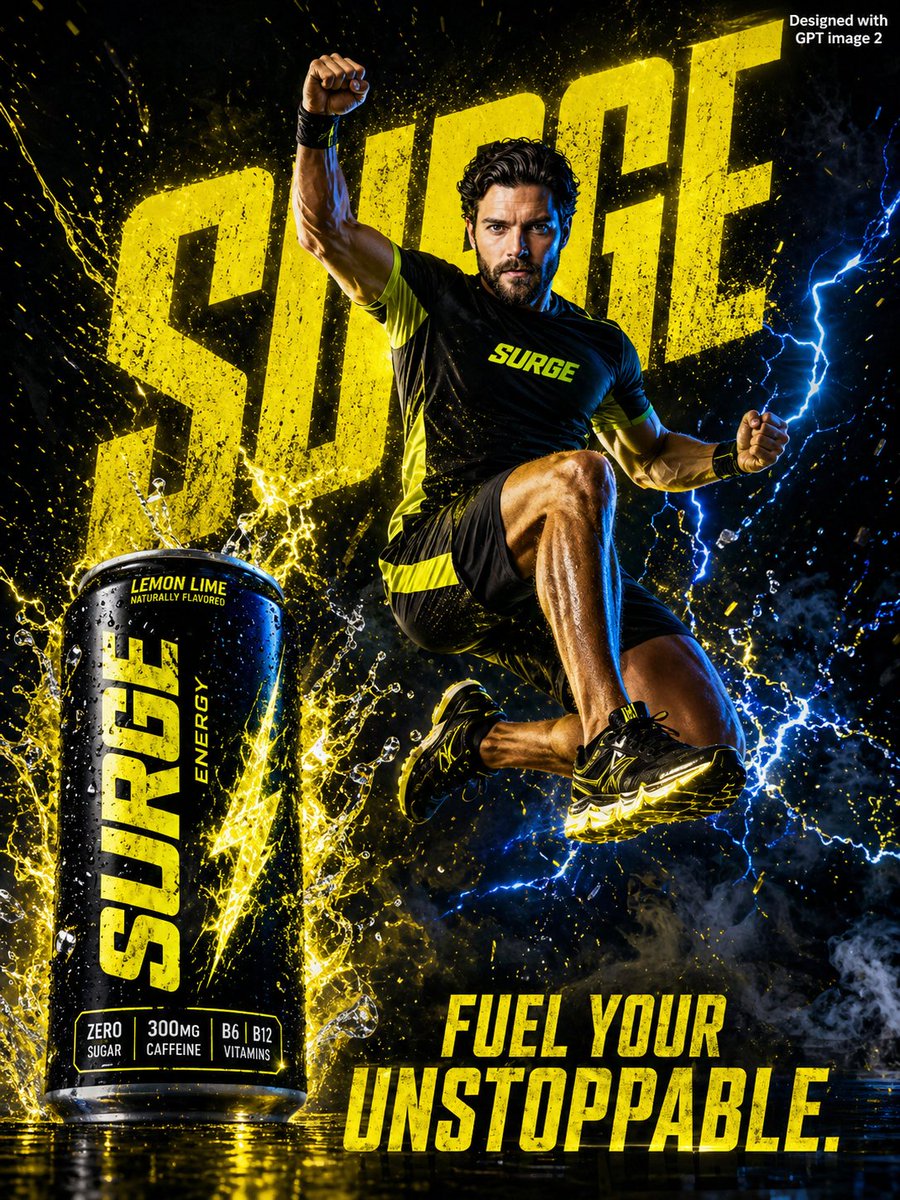 Energy Drink Advertising Poster Qwen Image prompt example: A dynamic high-energy advertisement prompt for a drink brand, featuring athletic wear and explosive action elements.