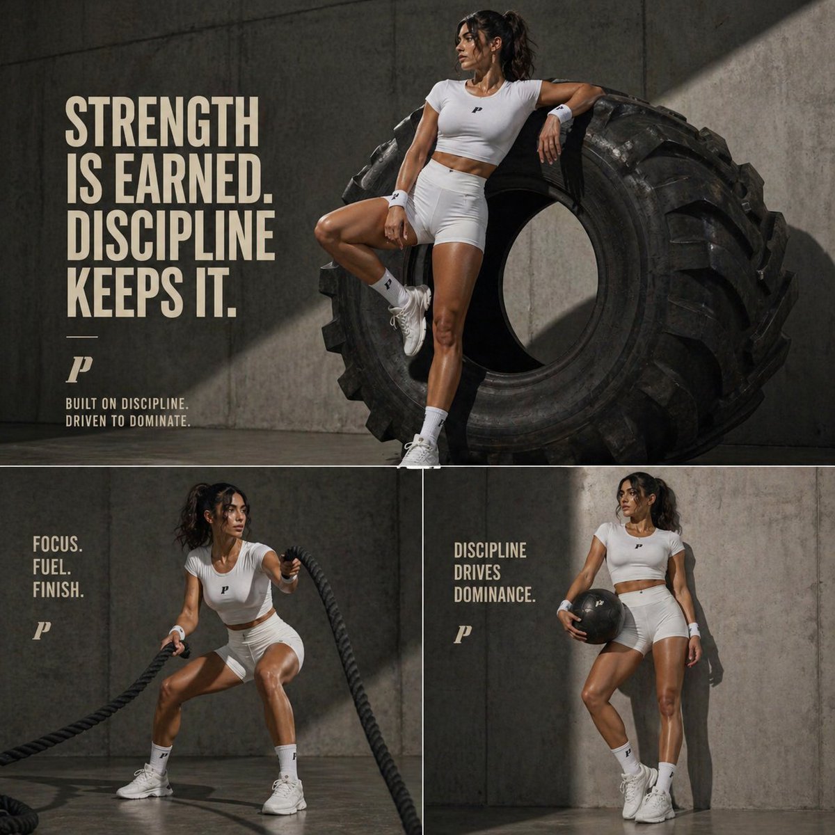 Luxury Fitness Editorial Layout Qwen Image prompt example: An industrial gym editorial layout with high-contrast lighting and bold motivational typography.