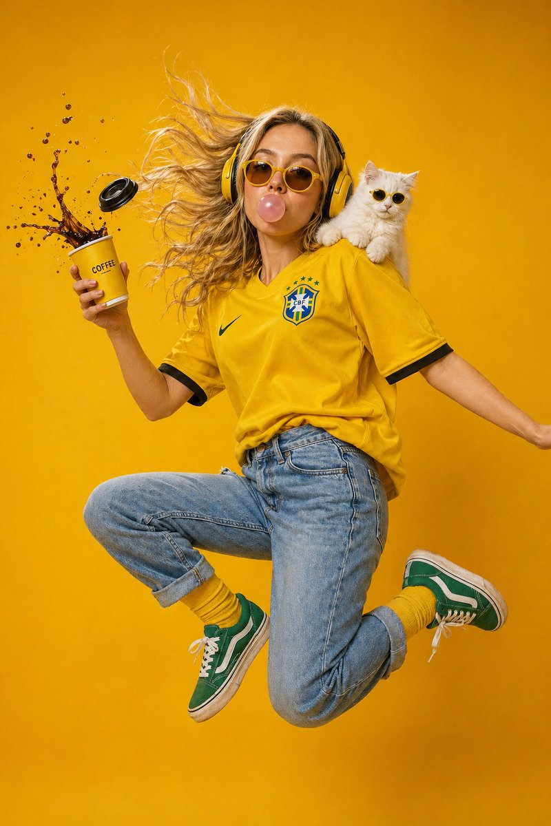 Surreal Studio Fashion Portrait GPT Image 2 prompt example: A playful and surreal fashion editorial prompt featuring a woman mid-jump with dynamic motion and vibrant colors.