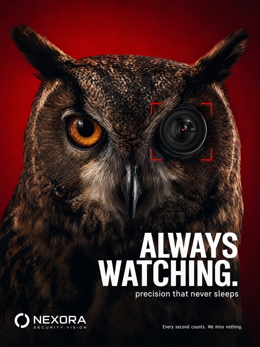 Tech Security Brand Advertising GPT Image 2 prompt example: A cinematic and high-end advertising prompt for a security brand featuring a cybernetic owl and bold typography.