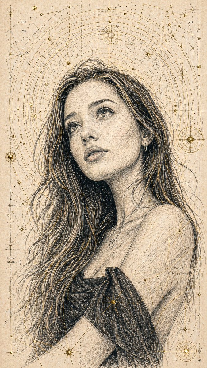 Technical Ink Sketch Portrait Qwen Image prompt example variation 2: A hand-drawn illustration prompt combining scientific precision with spiritual geometric patterns.