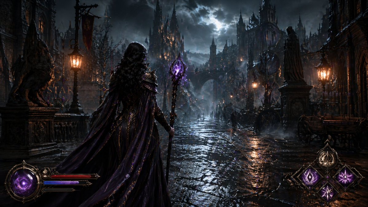 Dark Medieval Sorceress Scene のQwen Imageプロンプト例: A 3D cinematic scene prompt featuring a sorceress in a grim medieval fantasy city with game-style UI elements.