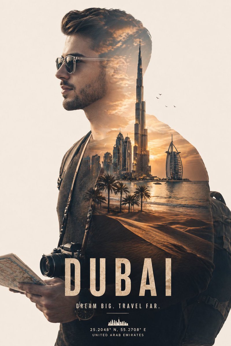 Cinematic Double Exposure Traveler のQwen Imageプロンプト例: A travel advertisement style prompt featuring a double exposure of a traveler and a famous city skyline.