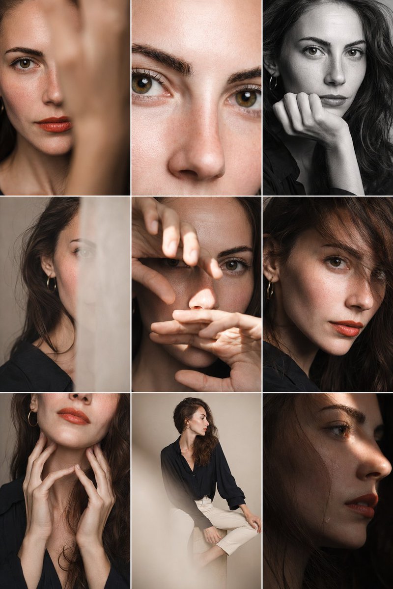 Editorial Portrait Photo Grid Qwen Image prompt example: A complex prompt for generating a professional 3x3 photo grid showing various angles and crops of a character in a...