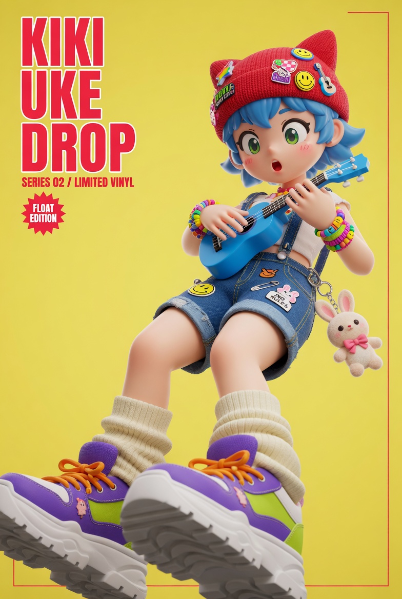 3D Designer Toy Poster GPT Image 2 prompt example variation 3: Creates a commercial-quality poster for a designer toy, featuring an anime girl with streetwear aesthetic and...