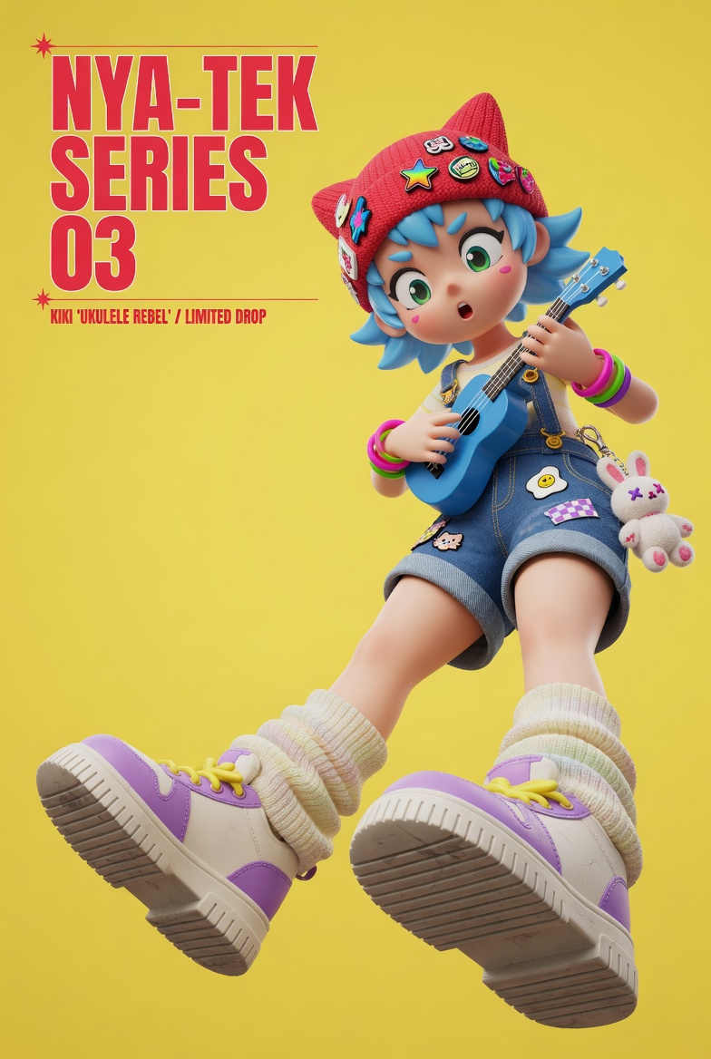 3D Designer Toy Poster GPT Image 2 prompt example variation 2: Creates a commercial-quality poster for a designer toy, featuring an anime girl with streetwear aesthetic and...