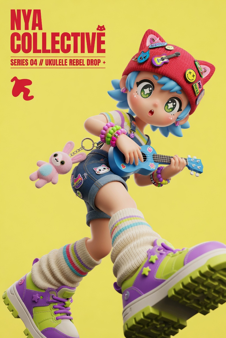 3D Designer Toy Poster GPT Image 2 prompt example: Creates a commercial-quality poster for a designer toy, featuring an anime girl with streetwear aesthetic and premium vinyl...