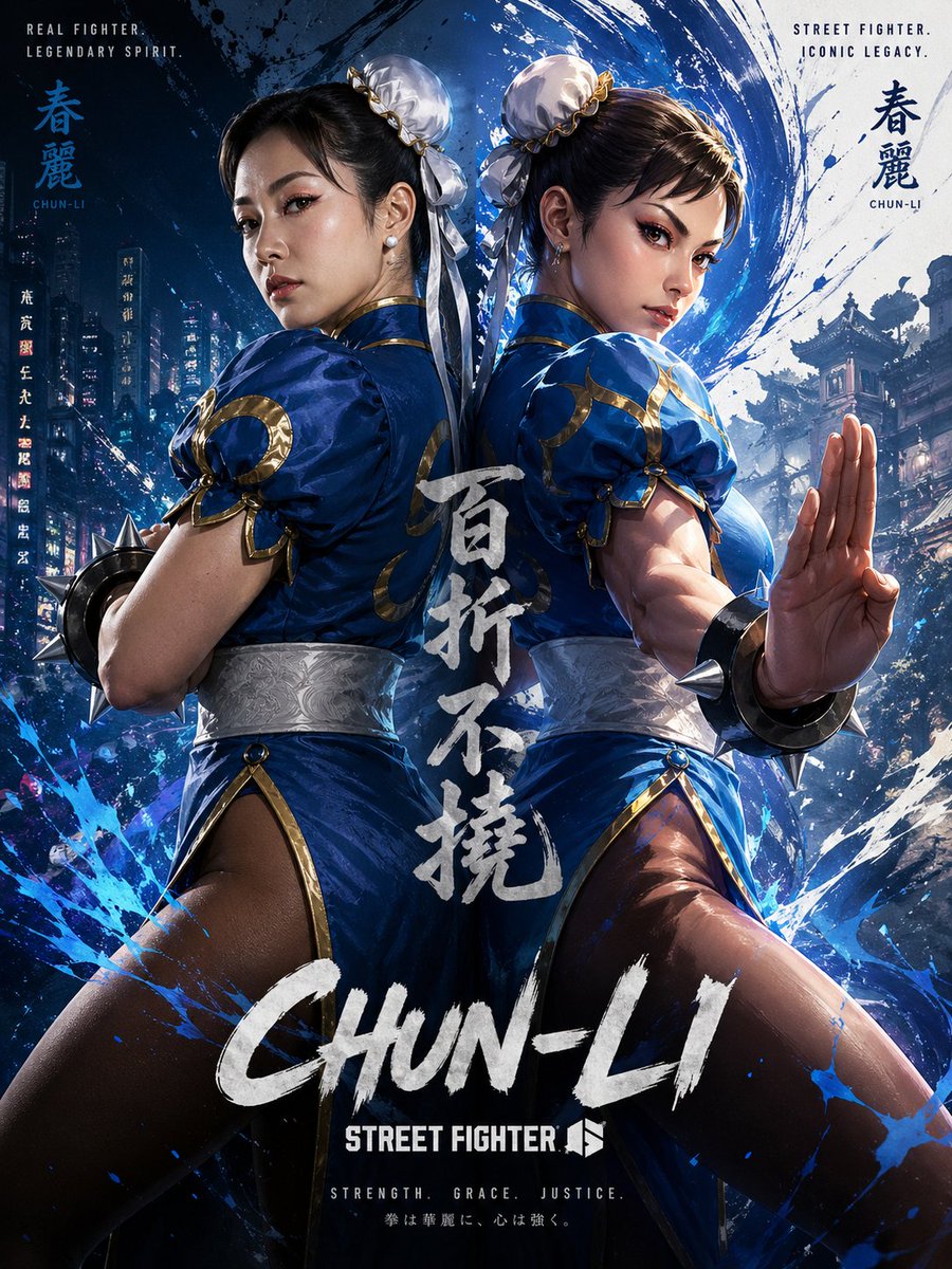 Chun-Li Digital vs Real Poster Qwen Image prompt example: A creative poster prompt depicting the character Chun-Li from Street Fighter in both digital art and real-life styles...