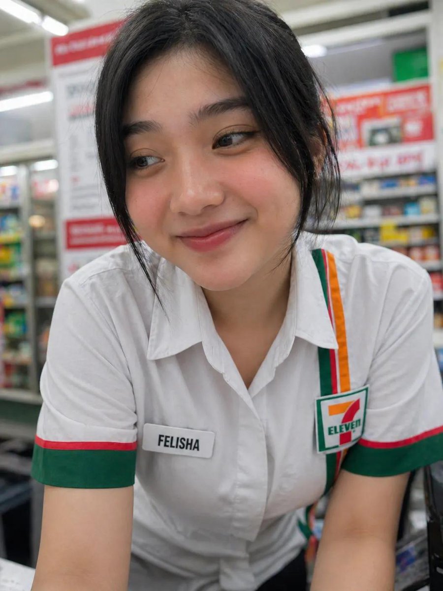 Candid Convenience Store Cashier 的 Qwen Image 提示词示例图 变化图 2:Generates a photorealistic, candid smartphone-style photo of an Indonesian cashier in a 7-Eleven uniform, focusing on...