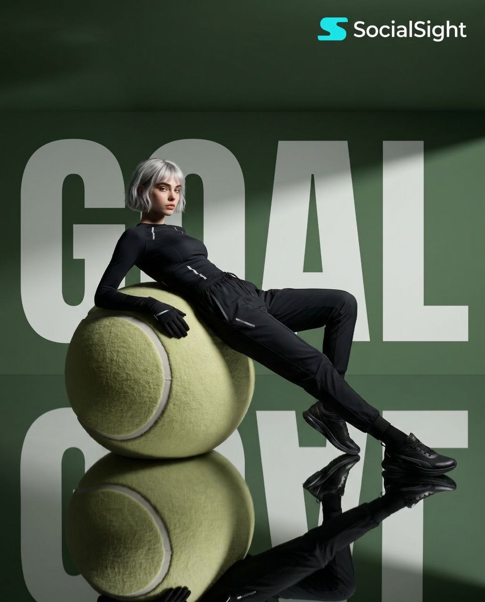 Avant-garde Sports Editorial Qwen Image prompt example: A high-fashion editorial prompt featuring an oversized tennis ball sculpture and an athlete in technical performance gear...