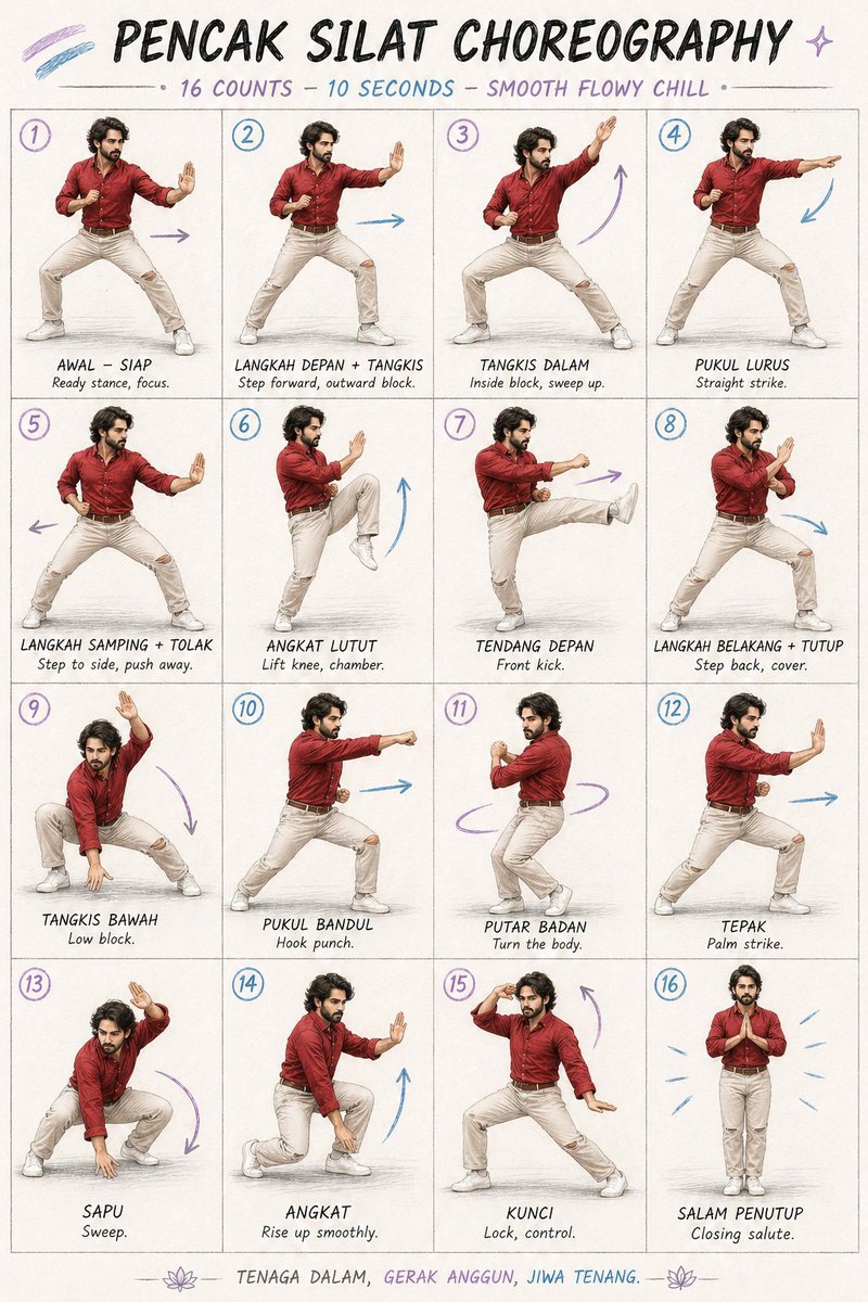 Martial Arts Choreography Poster 的 GPT Image 2 提示词示例图:A 16-panel grid showing a martial artist demonstrating Pencak Silat choreography with sketch lines and motion indicators.