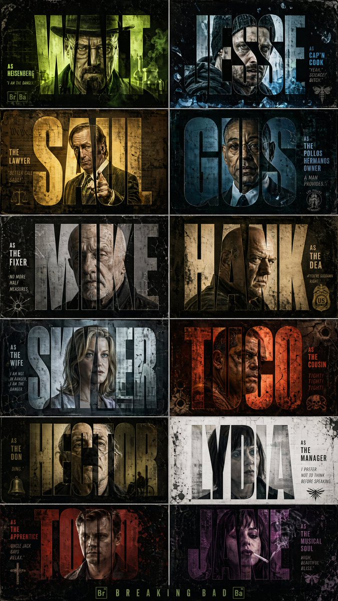 Breaking Bad Stylized Poster Design Qwen Image prompt example: A highly detailed prompt for creating a high-contrast, cinematic graphic design poster featuring character cards...