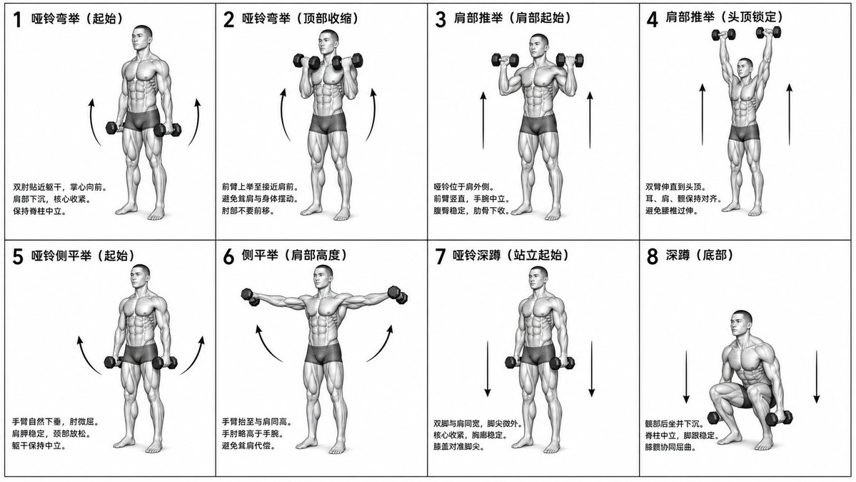 Biomechanical Fitness Instructional Chart 的 Qwen Image 提示词示例图:A complex prompt for creating a monochrome, scientifically accurate 2x4 grid fitness chart showing specific...