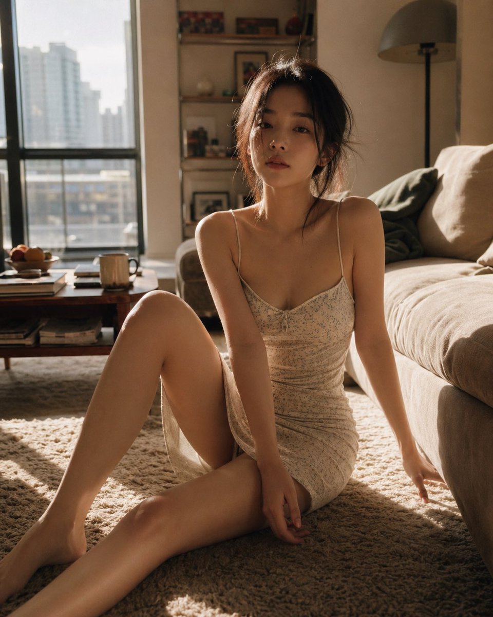 Cozy Living Room Afternoon Scene Qwen Image prompt example: A descriptive prompt for an interior scene featuring soft sunlight, an Asian woman, and a calm, domestic atmosphere.