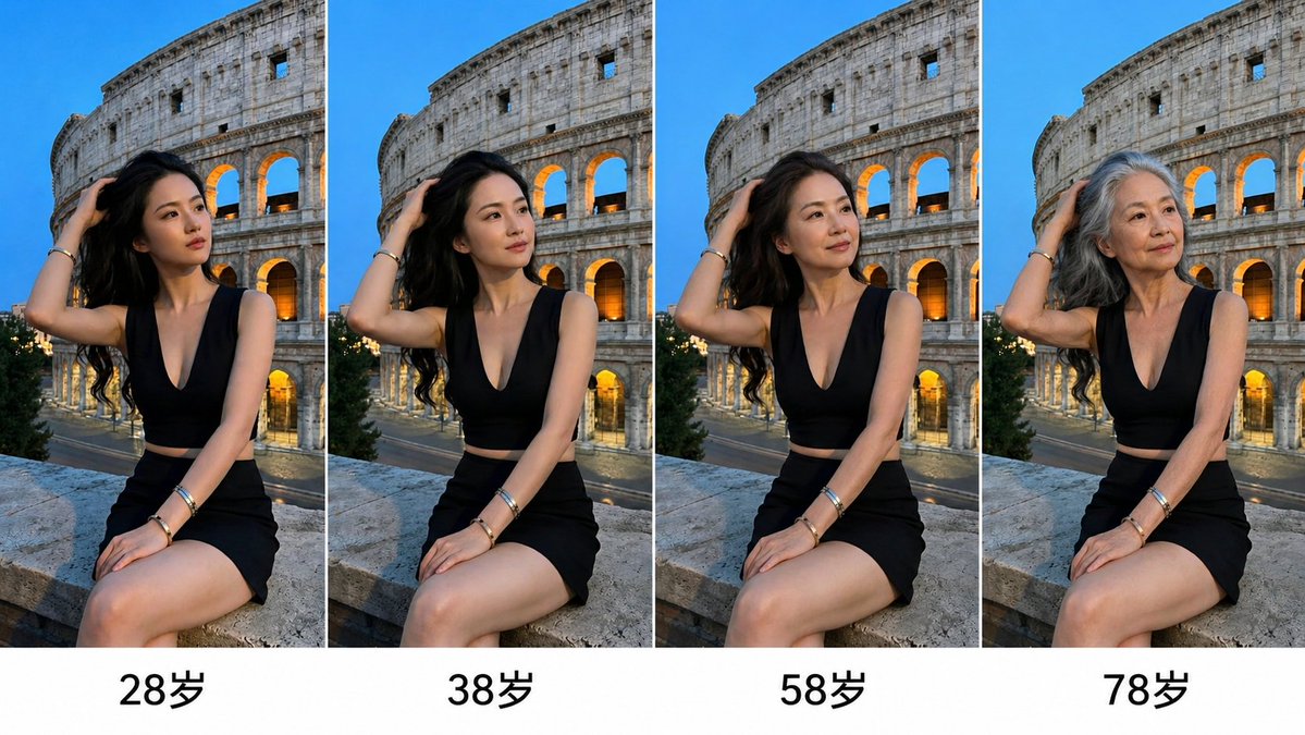 Aging Progression Grid のQwen Imageプロンプト例: A prompt to generate a person's appearance at various future ages (38, 58, 78) in a four-grid layout based on a reference photo.