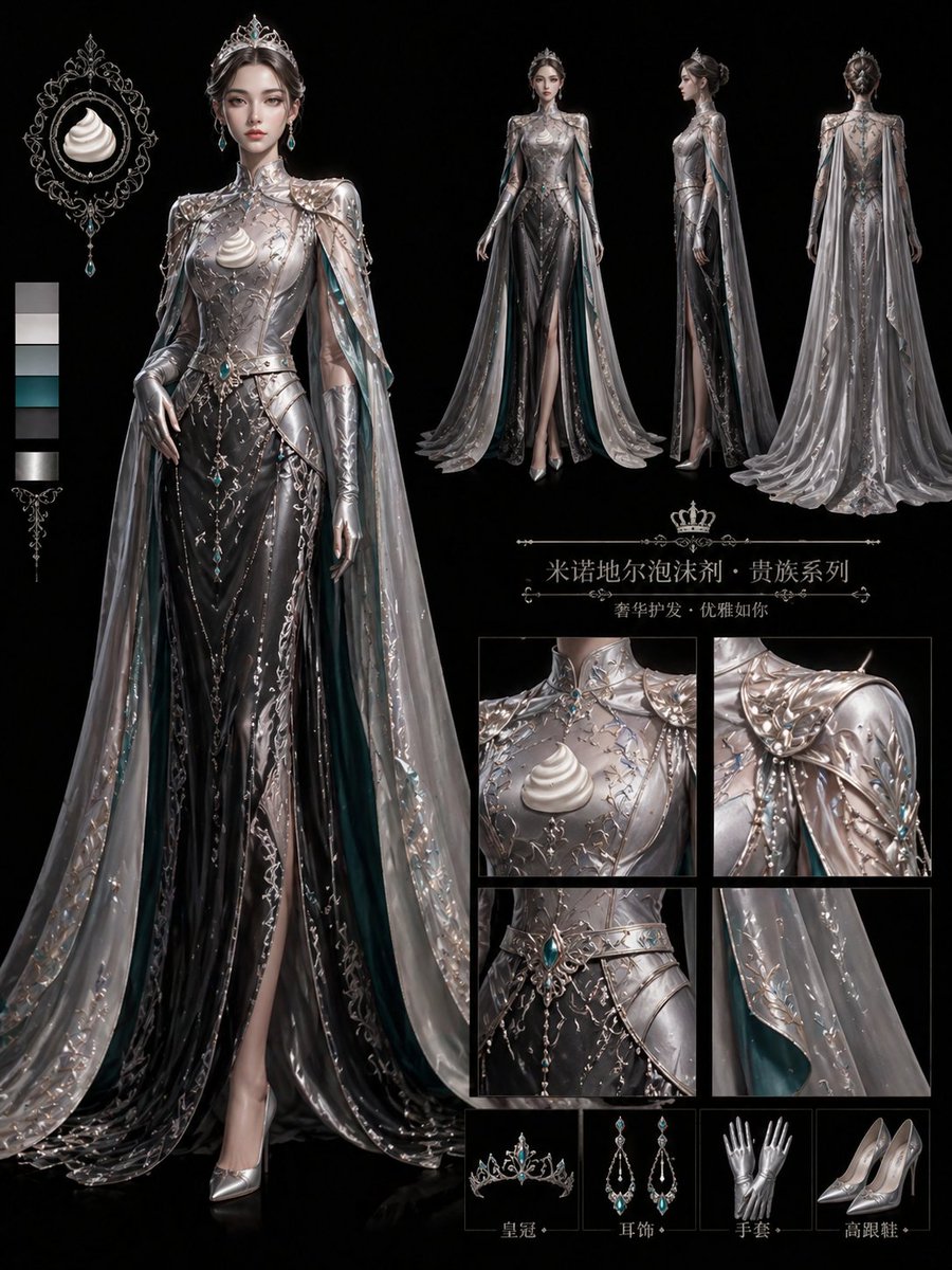 Product-Inspired Aristocratic Fashion のQwen Imageプロンプト例 バリエーション 2: A fashion design prompt that takes a product as inspiration to create high-end, aristocratic-style women's...