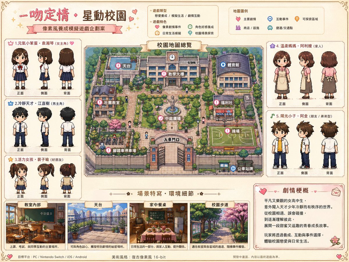 It Started With a Kiss Pixel Game Art Qwen Image prompt example: A concept art prompt for a pixel-style simulation game based on the Taiwanese drama 'It Started With a Kiss',...